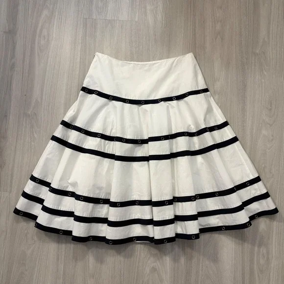 Cache Skirt Women White Navy Stripe A-Line Midi Skirt Cotton Size 10 - Picture 2 of 14